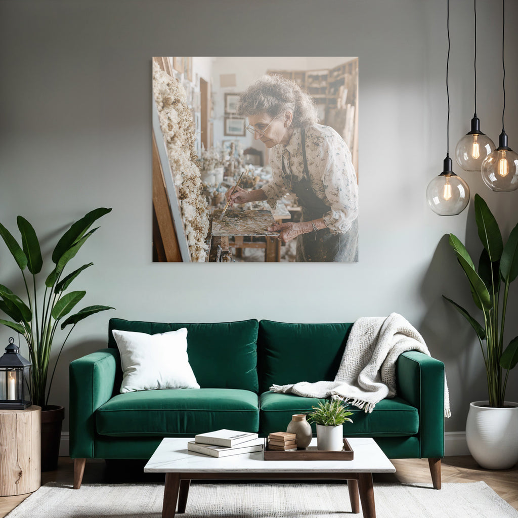 Trocken Retro Flowers Ältere Frau In Einem Kunststudio Beim Malen