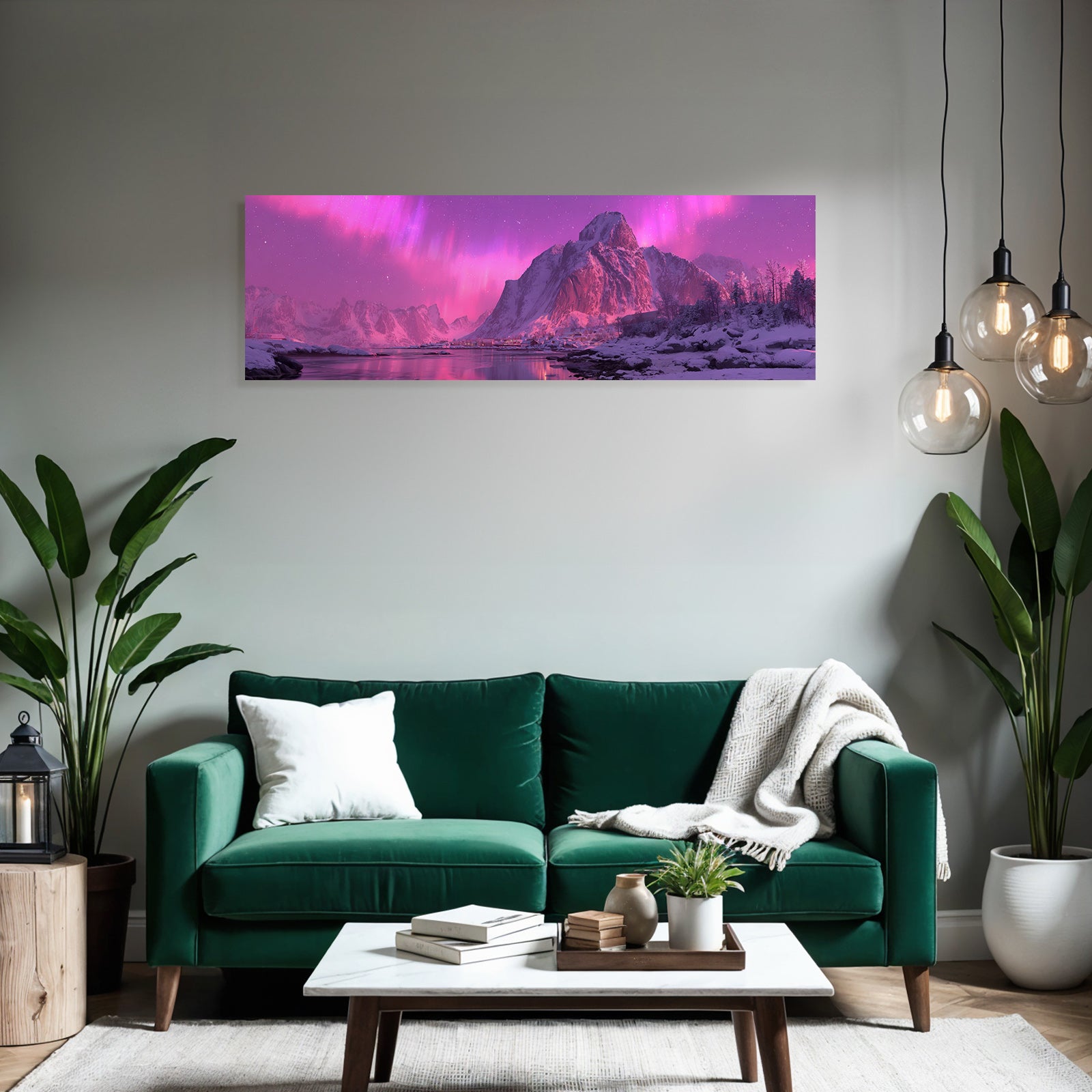 Polarlicht Winterlandschaft Nordlichter Verschneite Berge Beruhigender Wasser Fluss | Fjorde und Gletscher | Landschaften