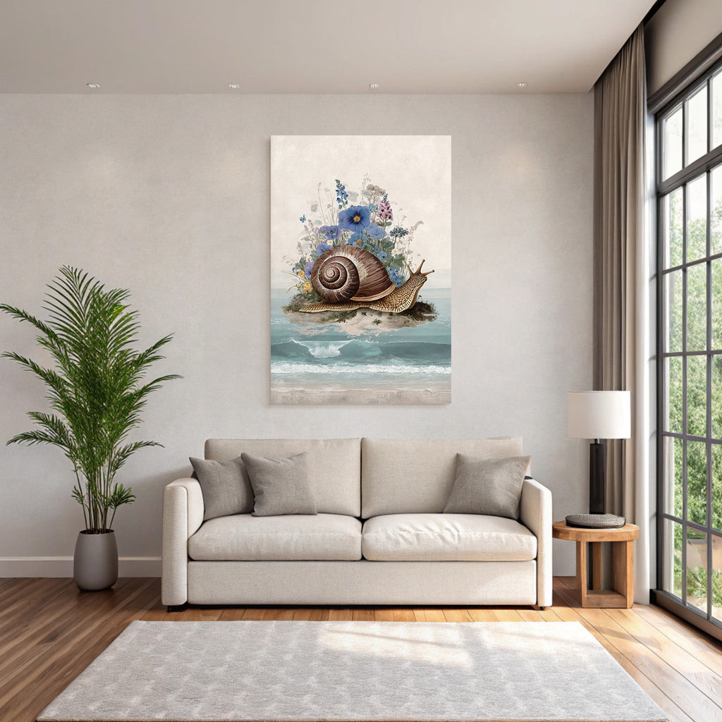 Grosse Schnecke Am Strand Umgeben Von Bunten Und Wellen Im Hintergrund