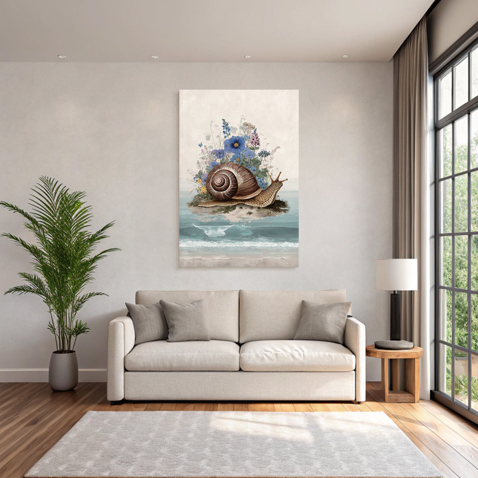 Grosse Schnecke Am Strand Umgeben Von Bunten Und Wellen Im Hintergrund