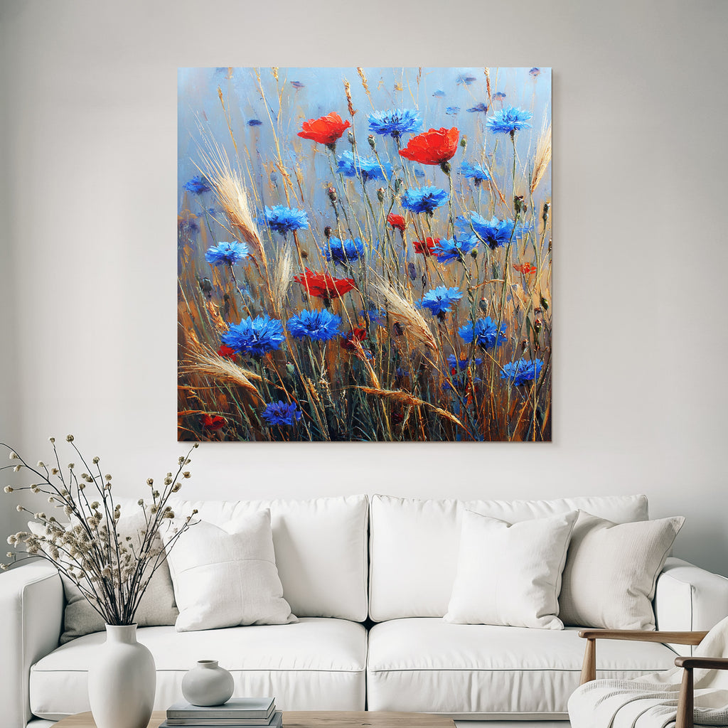 Wiese Mit Roten Mohn Und Blaün Korn