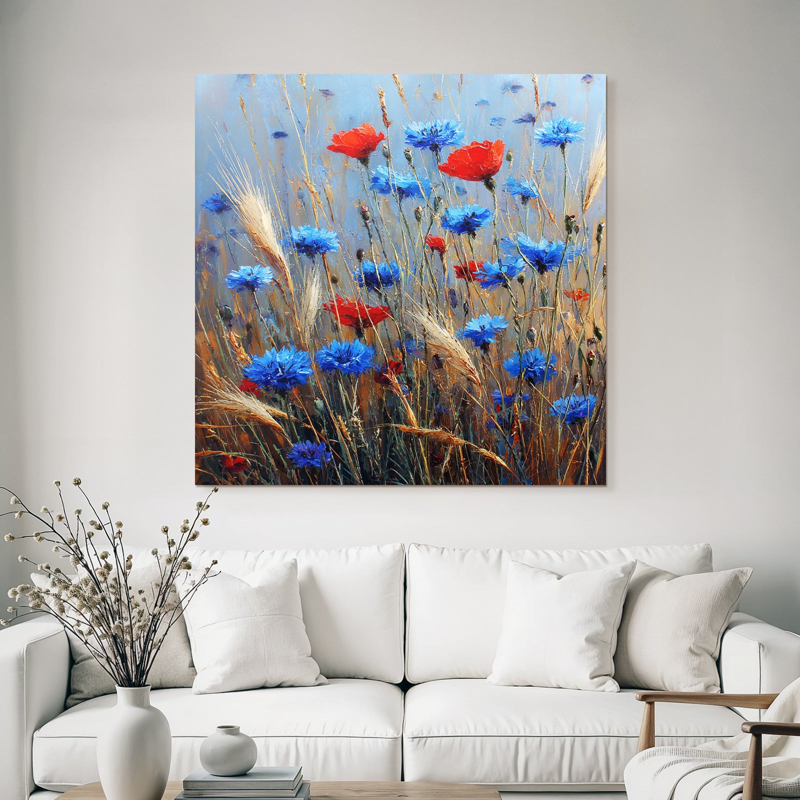 Wiese Mit Roten Mohn Und Blaün Korn