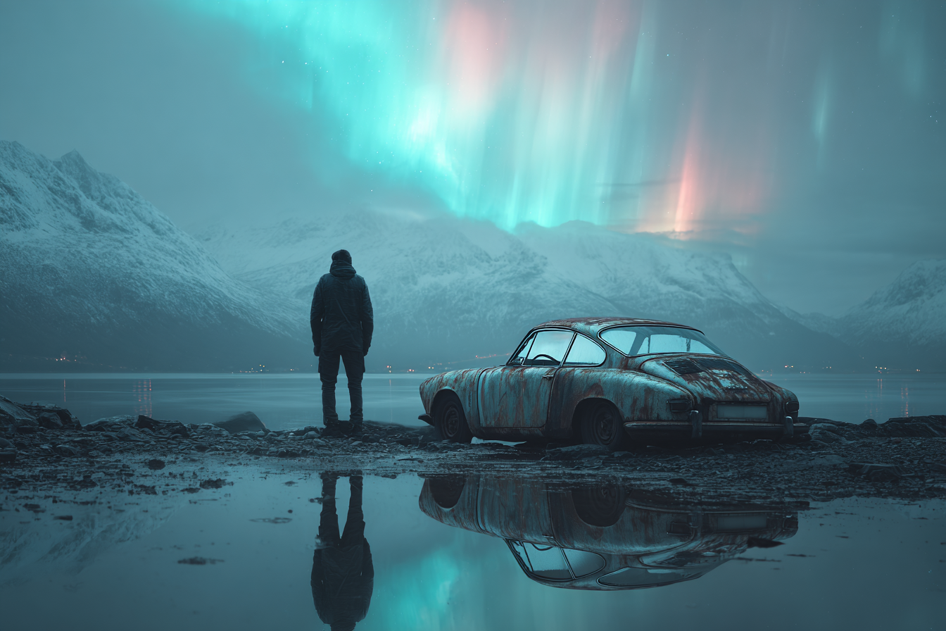 Polarlicht Ruhige Landschaft Aurora Borealis Auto Am Wasser | Fjorde und Gletscher | Landschaften