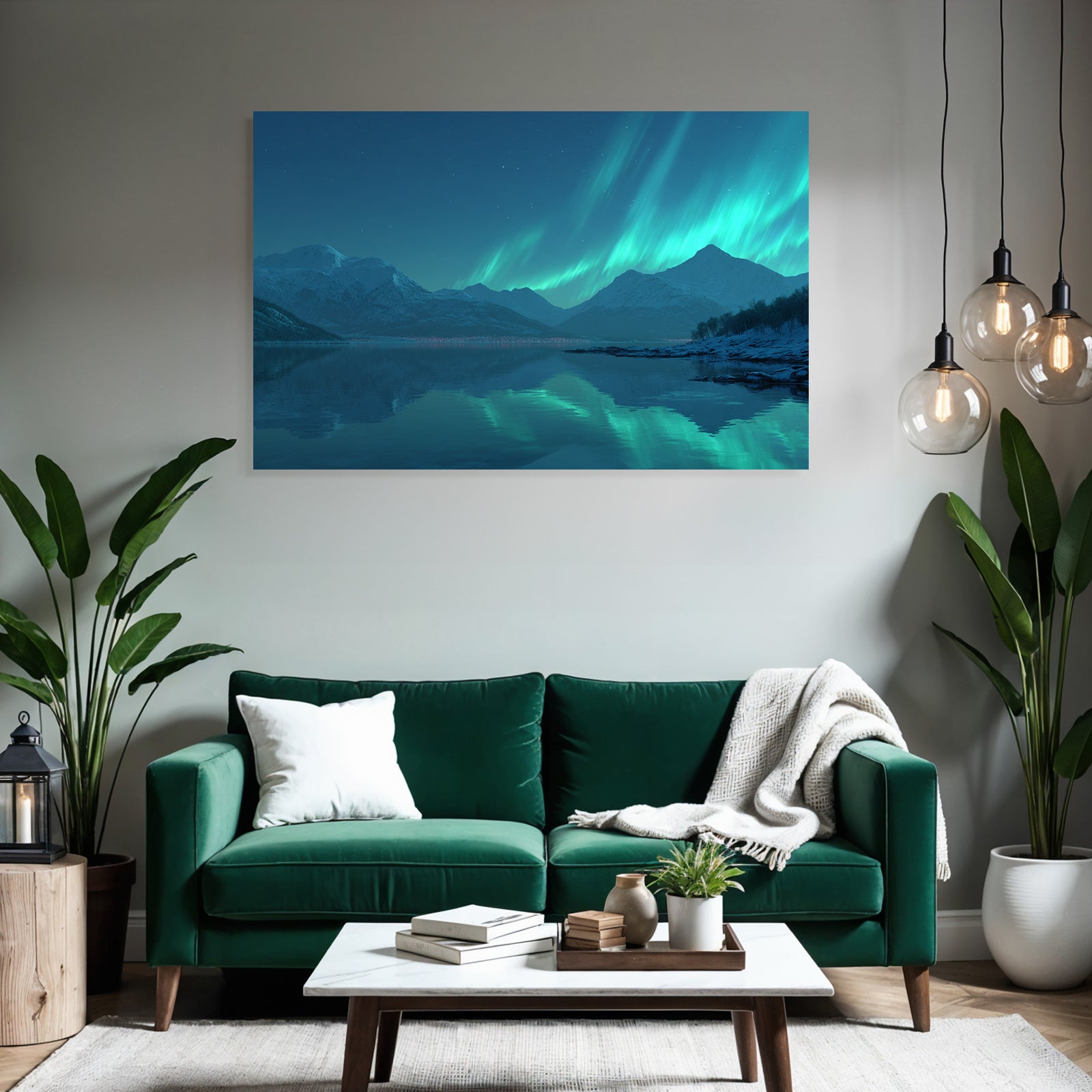 Polarlicht Schneebedeckte Berge Ruhe Im Wasser Aurora Borealis Nacht Szene | Fjorde und Gletscher | Landschaften