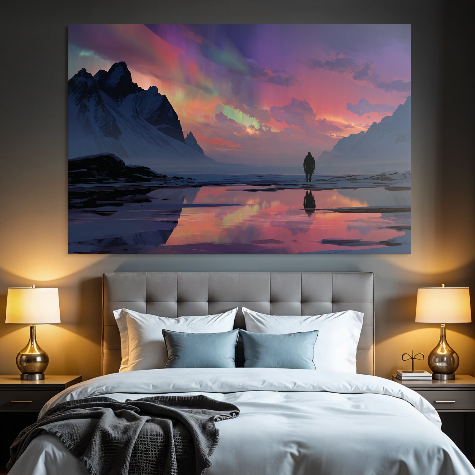 Polarlicht Majestatische Berglandschaft Nordlichter Reflektierende Oberfläche | Fjorde und Gletscher | Landschaften