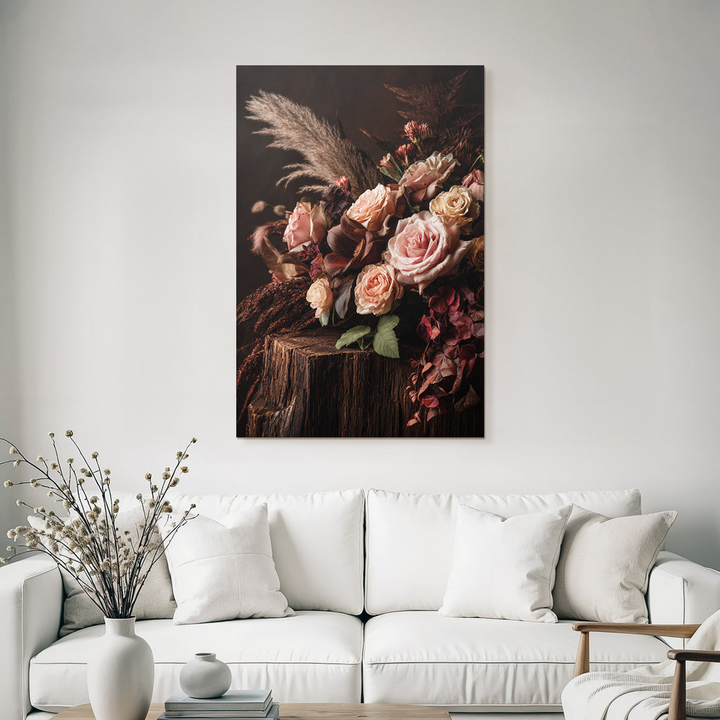 Trocken Retro Flowers Blumiger Strauss Mit Rosen Auf Holzoberfläche