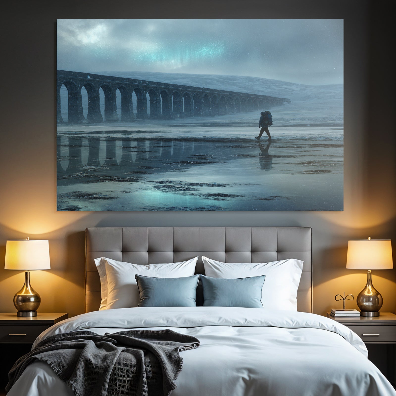 Polarlicht Einsame Figur Auf Reflektierender Fläche Unter Nebligem Himmel | Fjorde und Gletscher | Landschaften