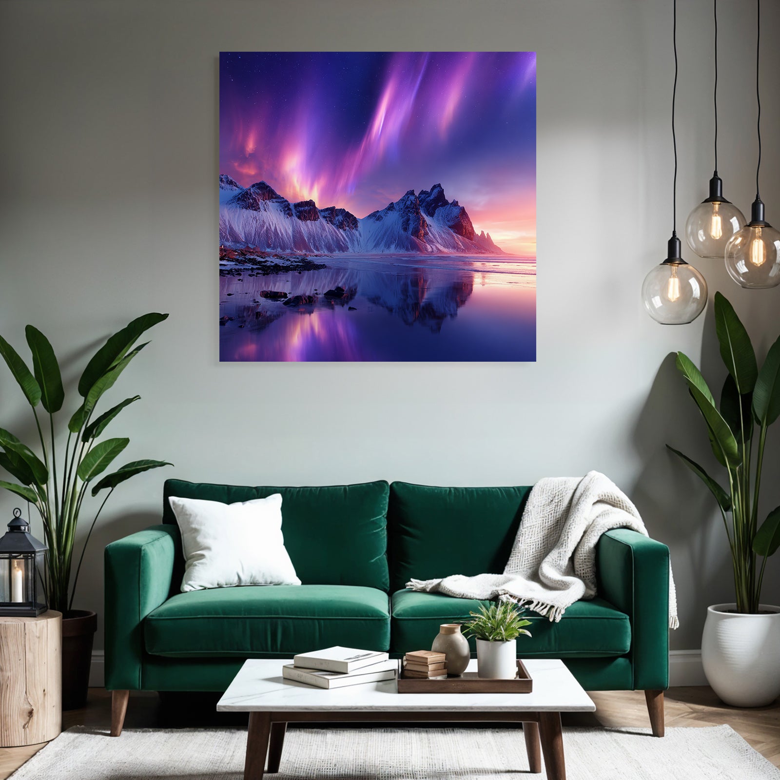Polarlicht Schneebedeckte Berge Und Aurora Borealis Reflexion Im Wasser | Fjorde und Gletscher | Landschaften