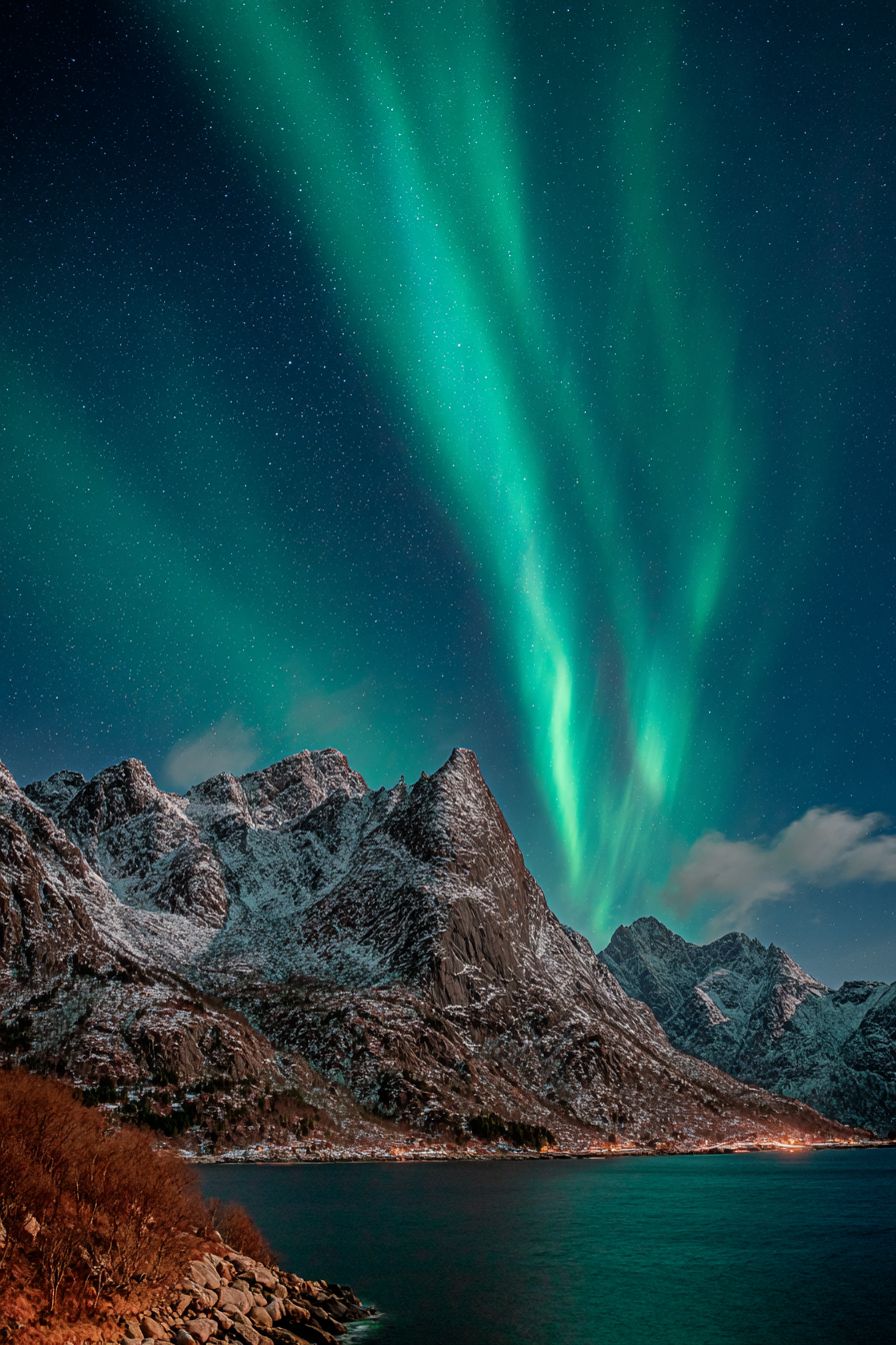 Polarlicht Schneebedeckte Berge Unter Aurora Borealis Nachtlandschaft | Fjorde und Gletscher | Landschaften
