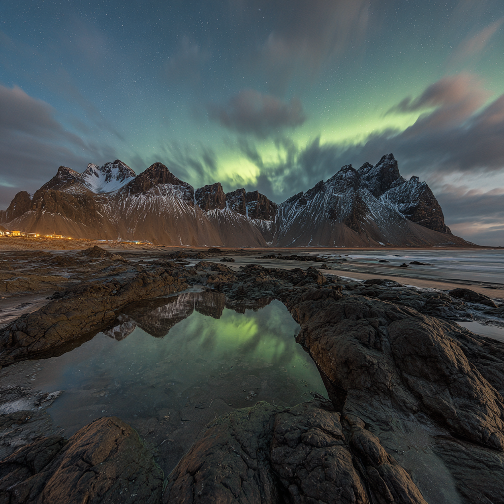 Polarlicht Schneebedeckte Berge Felsenstrand Und Nordlichter | Fjorde und Gletscher | Landschaften