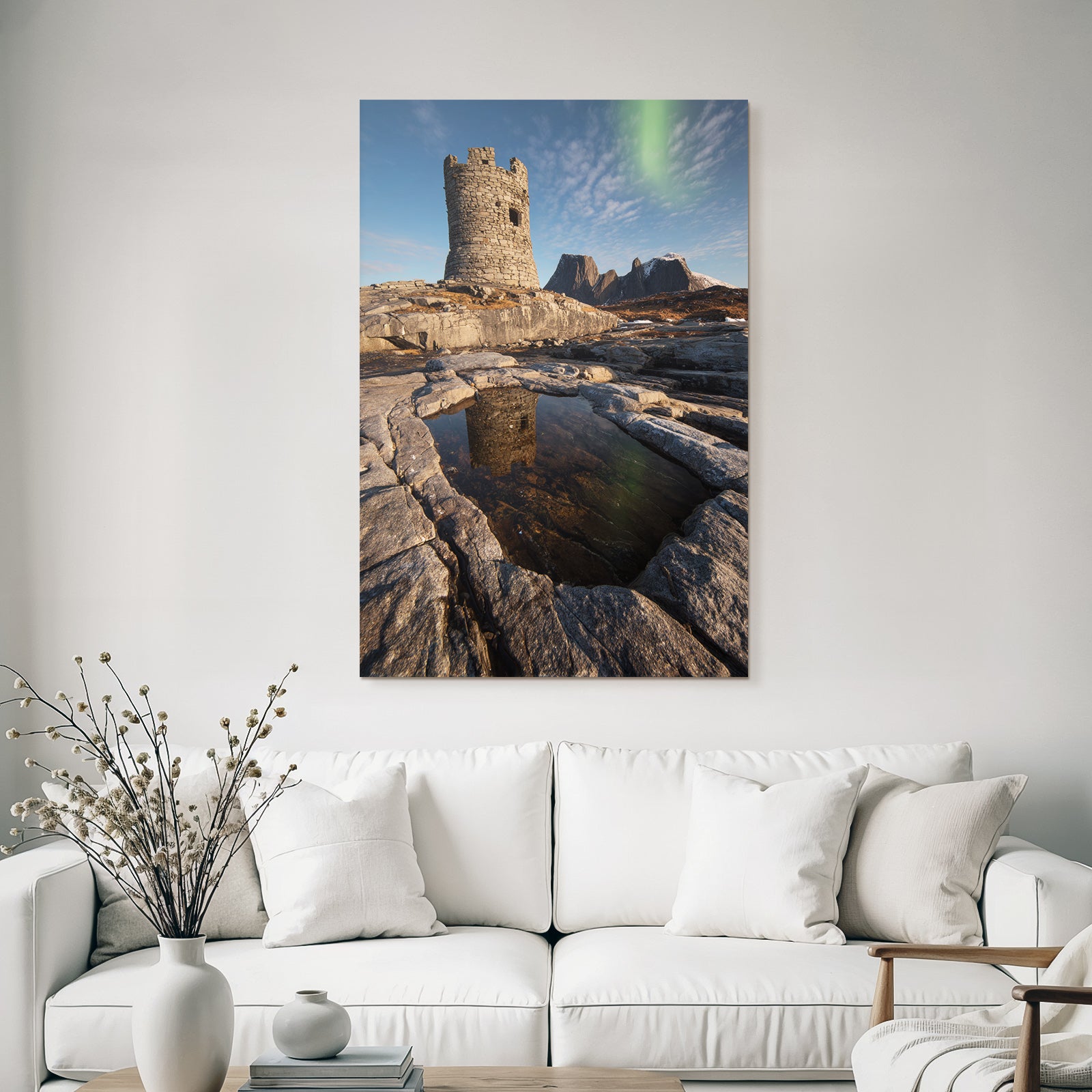 Polarlicht Stein Turm In Rugged Landscape Mit Aurora Borealis Reflektierender Pool | Fjorde und Gletscher | Landschaften