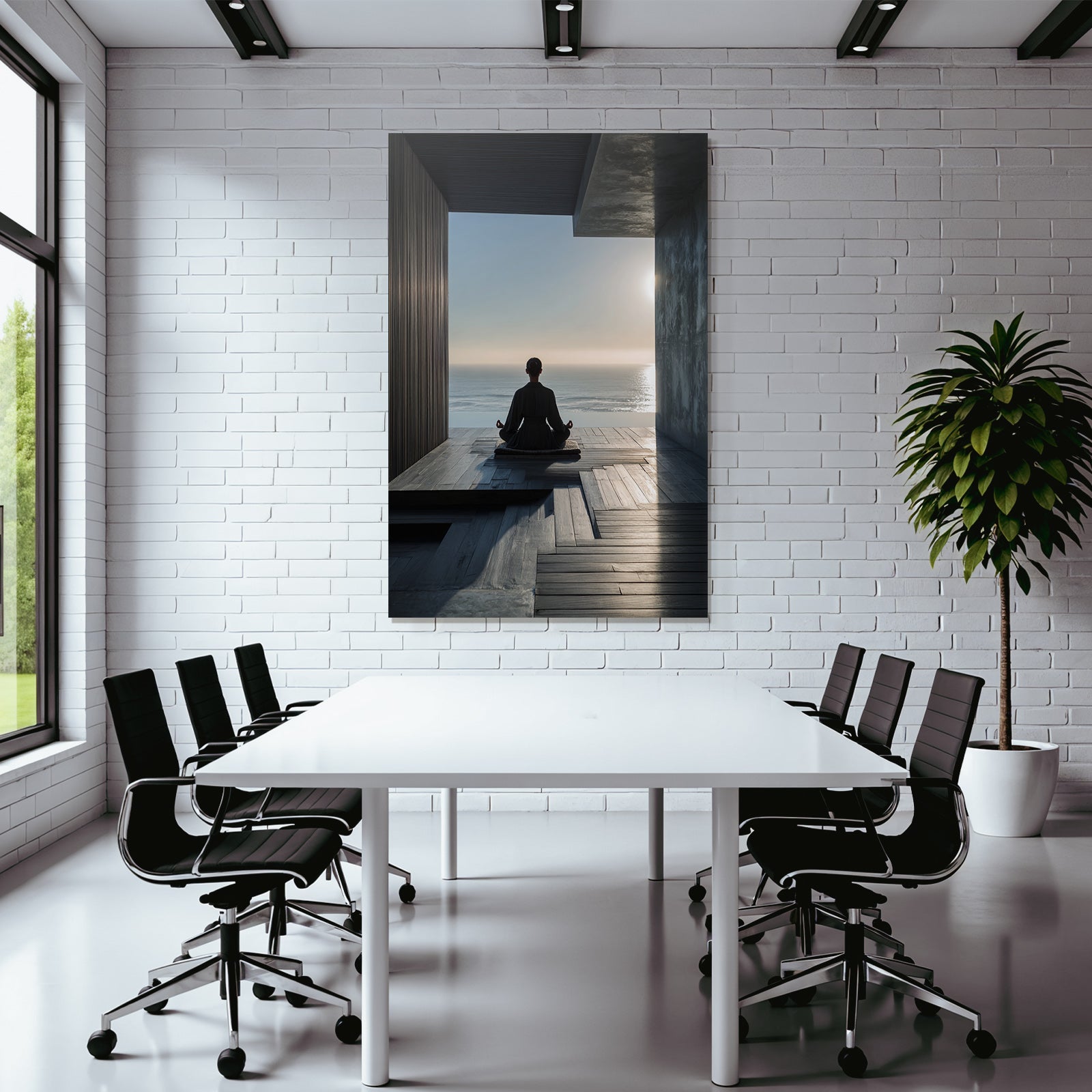 Yoga Meditation Meditierender Mensch Auf Holzboden Gegen Überblick Vom Ocean Untergehende Sonne | Yoga und Meditation | Themen und Hobbys