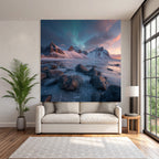Polarlicht Winterlandschaft Mit Bergen Und Nordlichtern Mit Farbenfrohem Himmel | Fjorde und Gletscher | Landschaften
