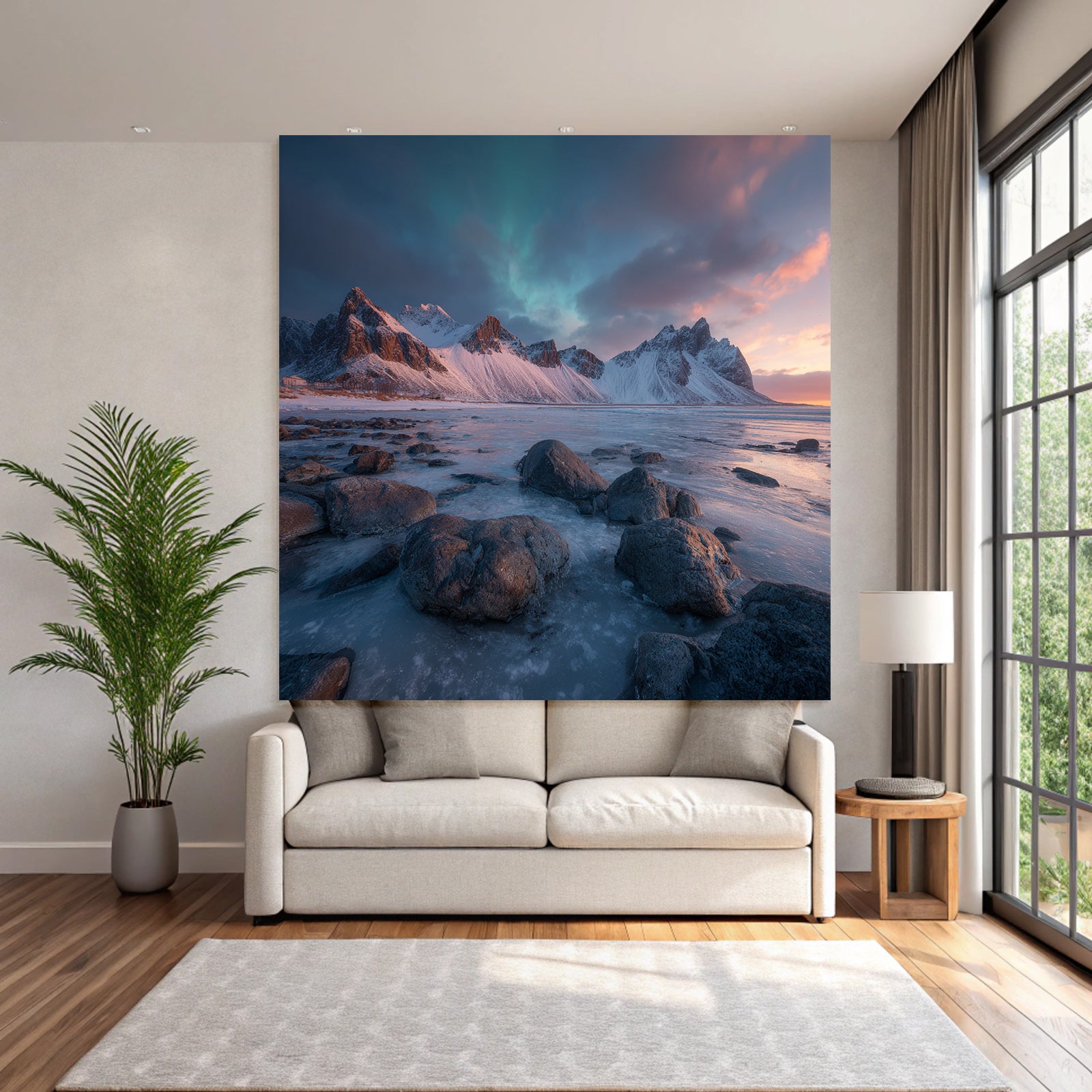 Polarlicht Winterlandschaft Mit Bergen Und Nordlichtern Mit Farbenfrohem Himmel | Fjorde und Gletscher | Landschaften