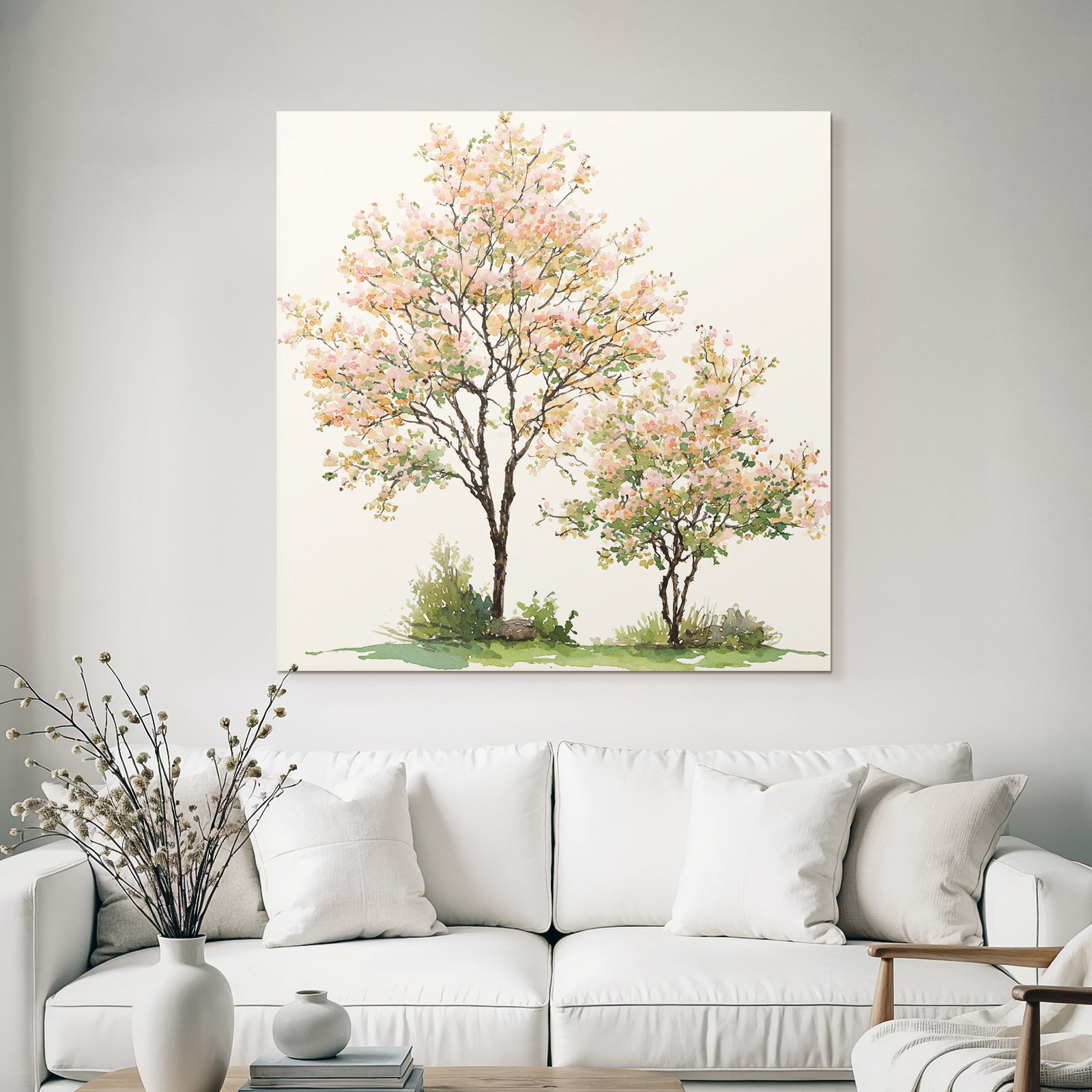 Aquarell Zwei Bäume Mit Rosafarbenen Und Orangenen Blüten