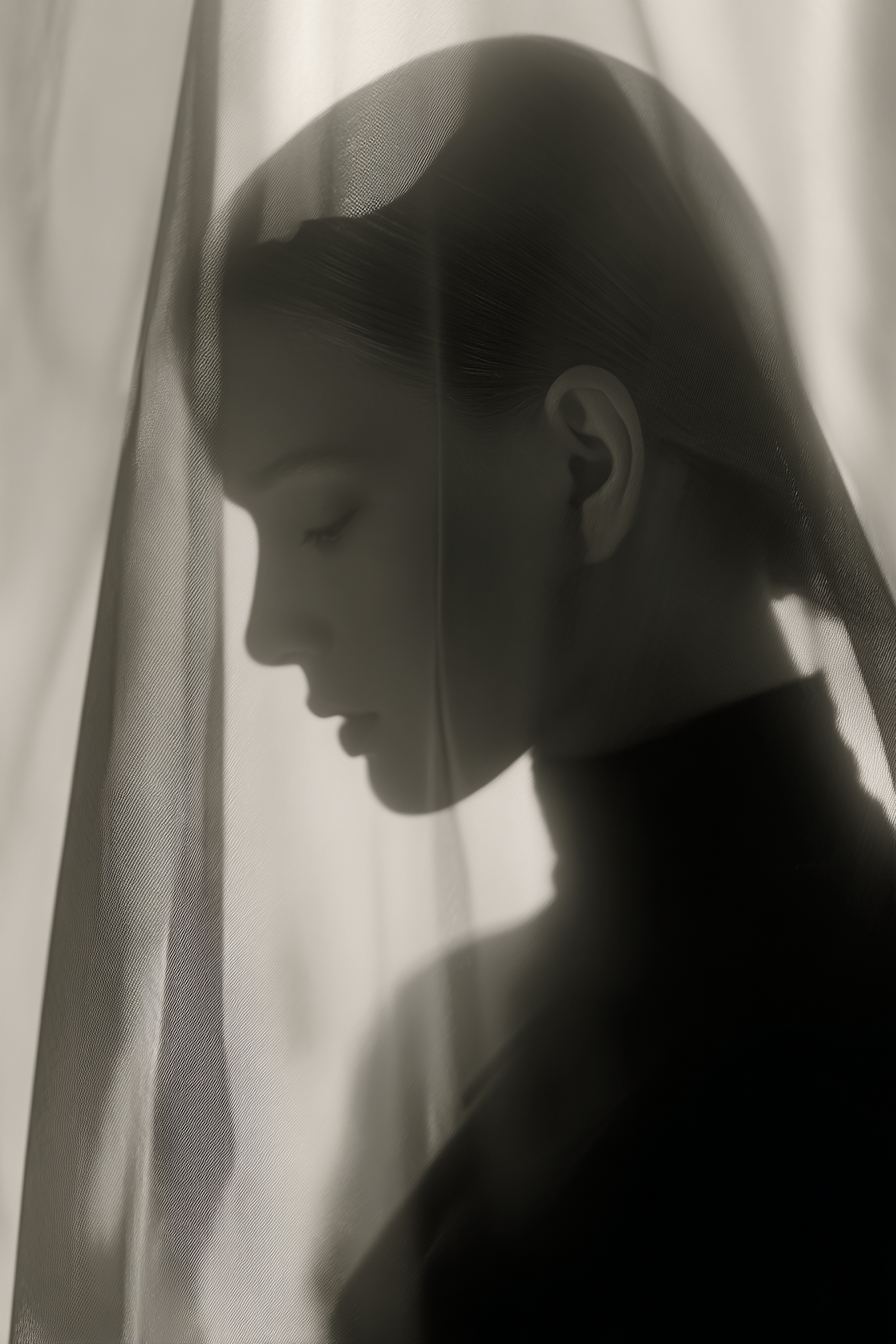 Monochrome Portrait Mit Sheer Stoff Introspektiv Lichtspiel | Aktkunst und Sinnlichkeit | Menschen und Emotionen