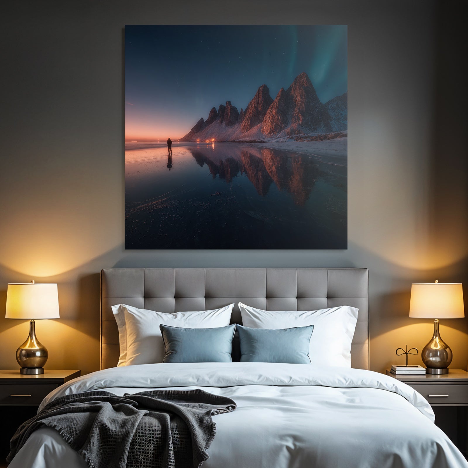 Polarlicht Atemberaubende Landschaft Mit Bergen Und Reflektion Im Wasser Bei Twilight | Fjorde und Gletscher | Landschaften
