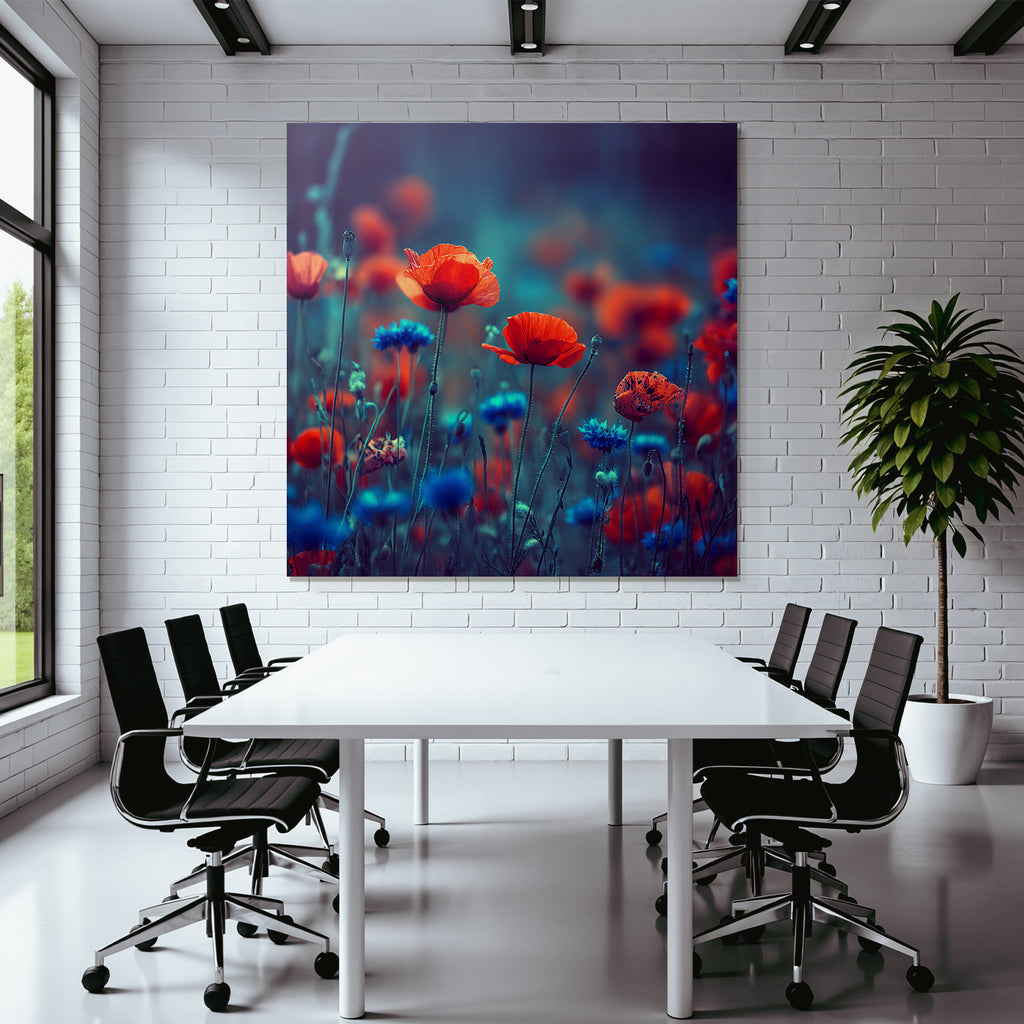 Sommerwiese Mit Roten Mohn Und Blaün Korn