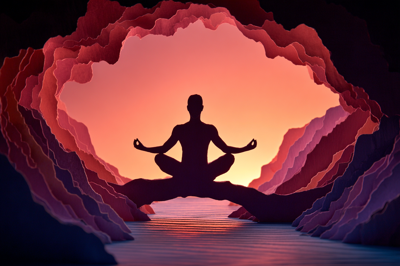 Yoga Meditation Meditierende Person In Höhle Mit Farbigen Hintergrundformen | Yoga und Meditation | Themen und Hobbys
