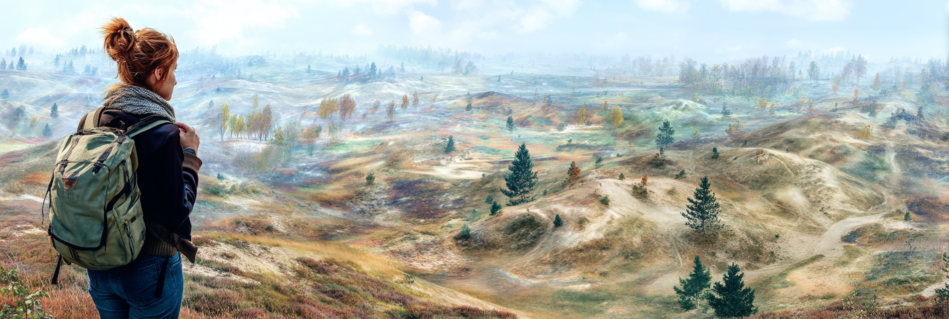 Landschaft Mit Reisendem Im Vordergrund Mit Nebel Und Tranquilität | Duenen und Heide | Landschaften