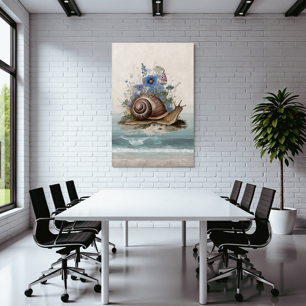 Grosse Schnecke Am Strand Umgeben Von Bunten Und Wellen Im Hintergrund