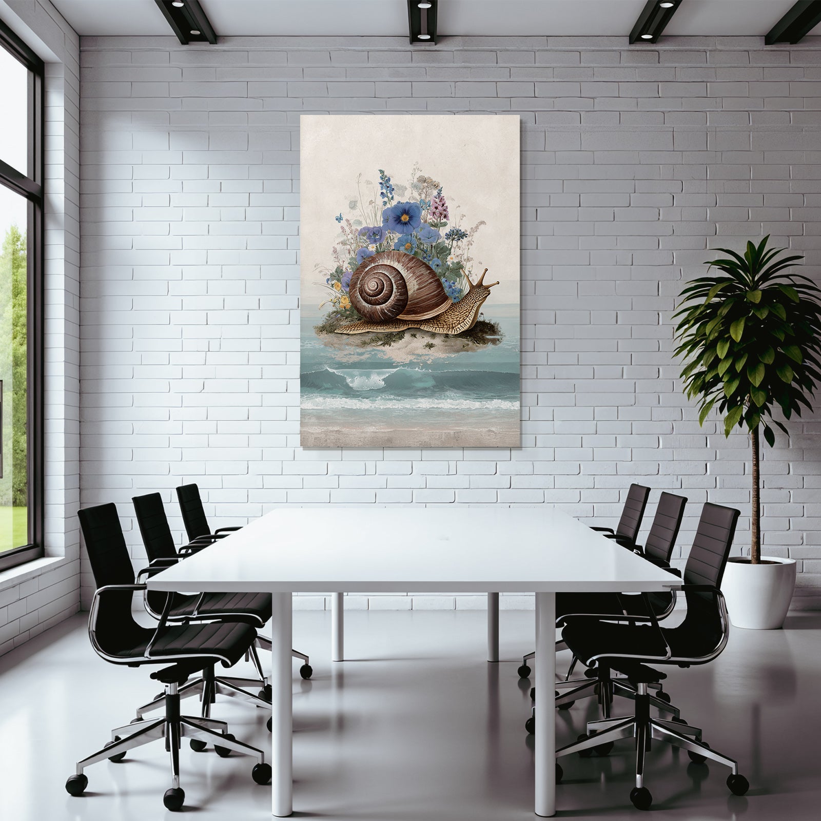 Grosse Schnecke Am Strand Umgeben Von Bunten Und Wellen Im Hintergrund