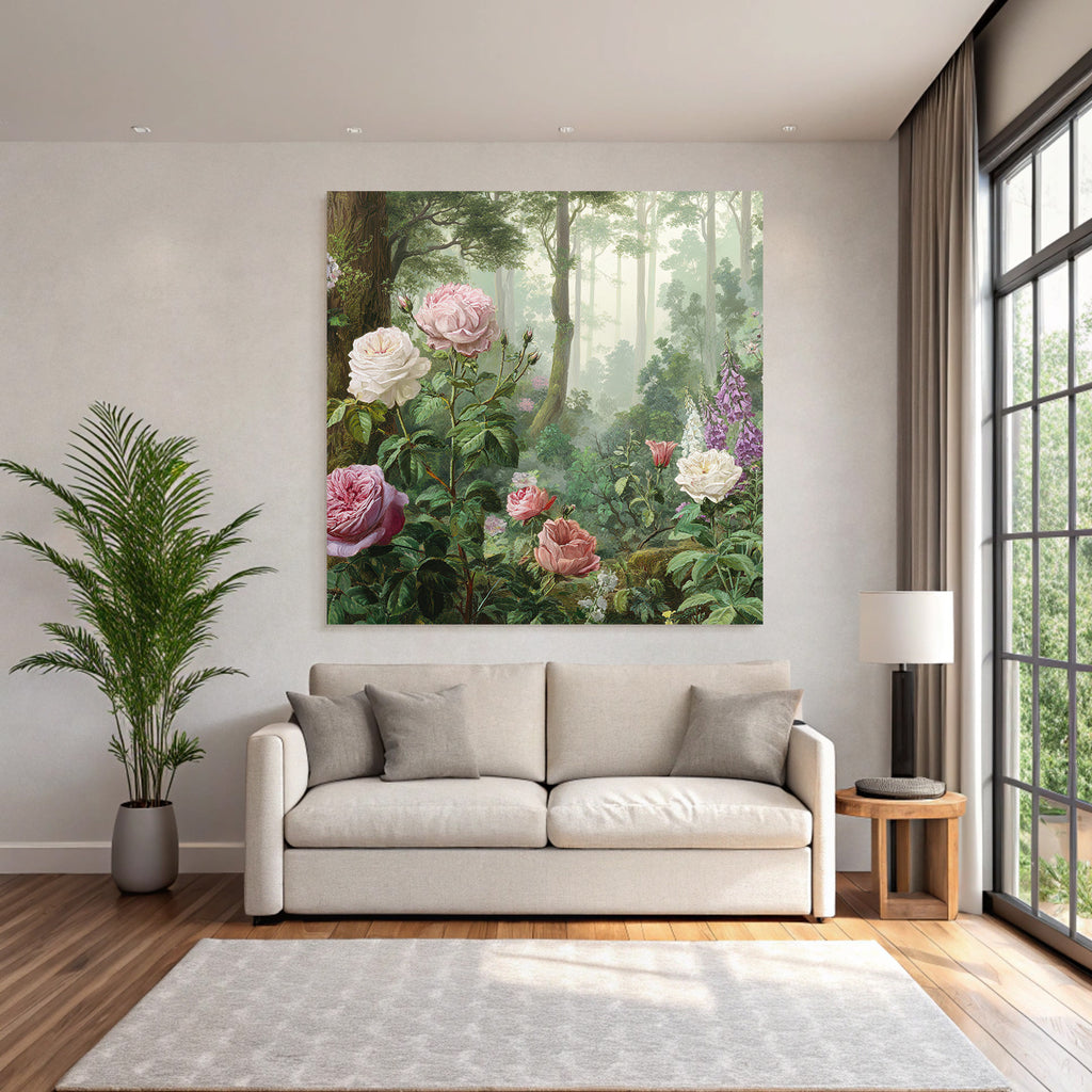 Malerische Waldszene Mit Rosen Und Blütenpflanzen In Dunstiger Atmosphäre