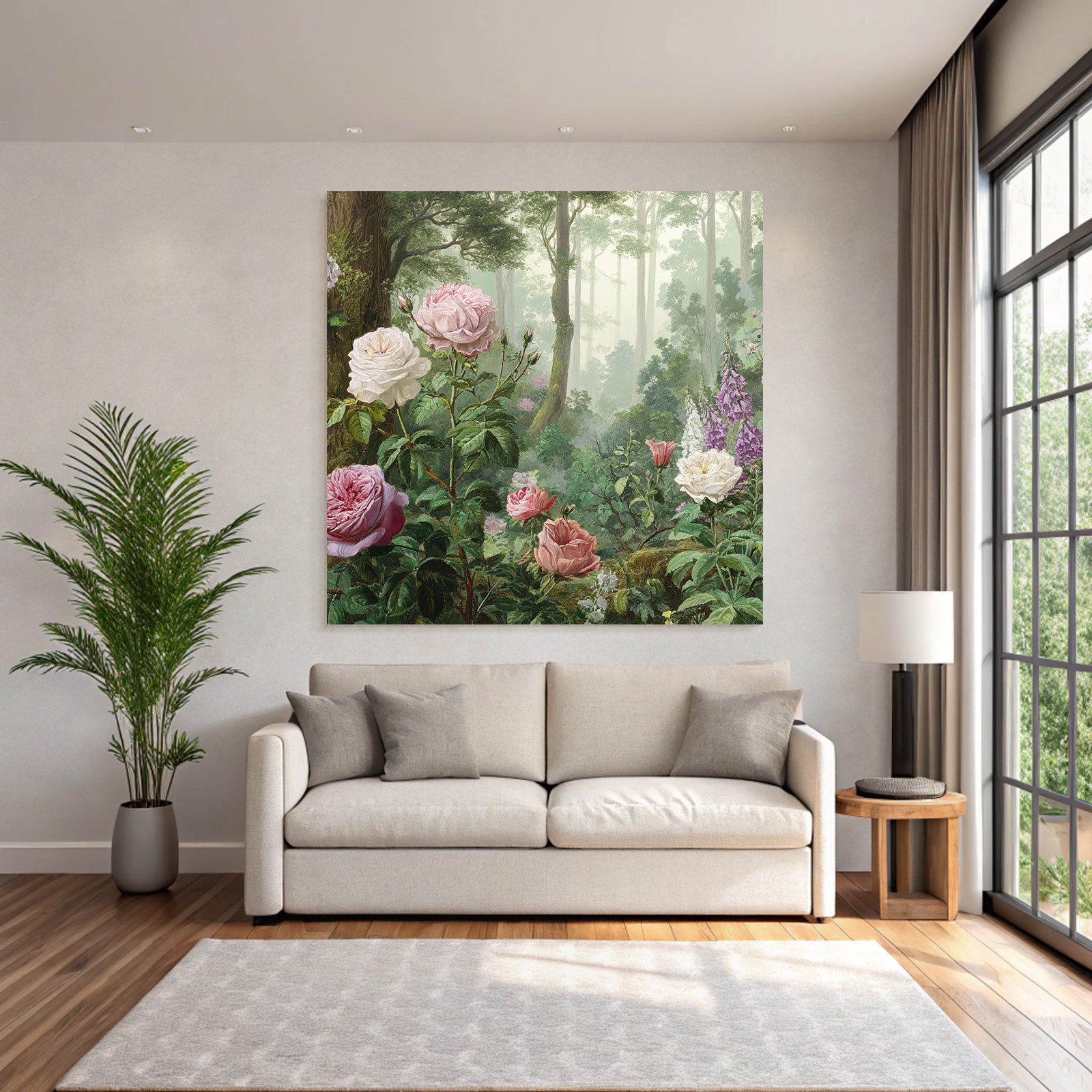 Malerische Waldszene Mit Rosen Und Blütenpflanzen In Dunstiger Atmosphäre