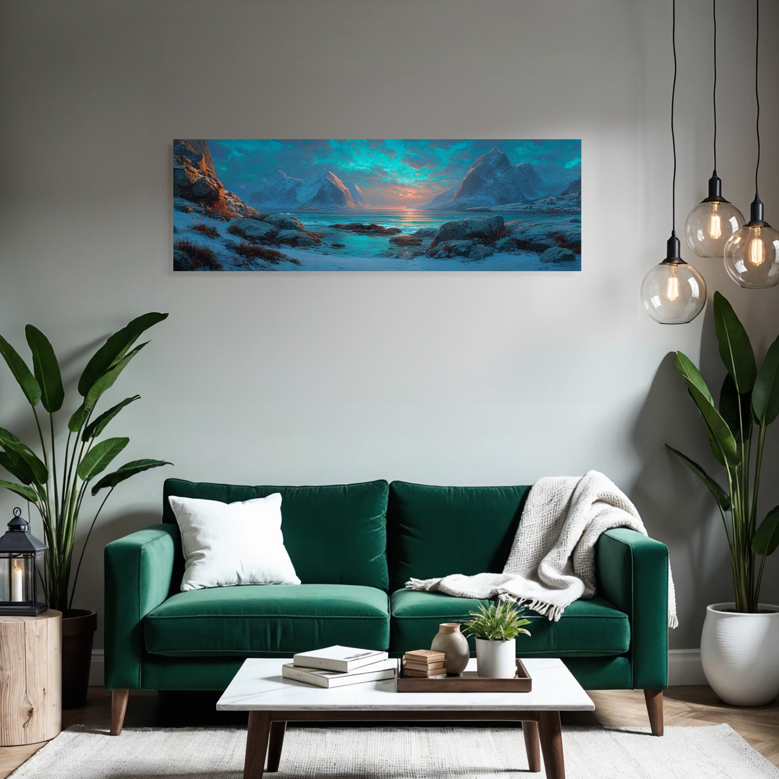 Polarlicht Gebirgslandschaft Mit Wasser Und Farbigem Himmel Sonnenaufgang Sonnenuntergang | Fjorde und Gletscher | Landschaften