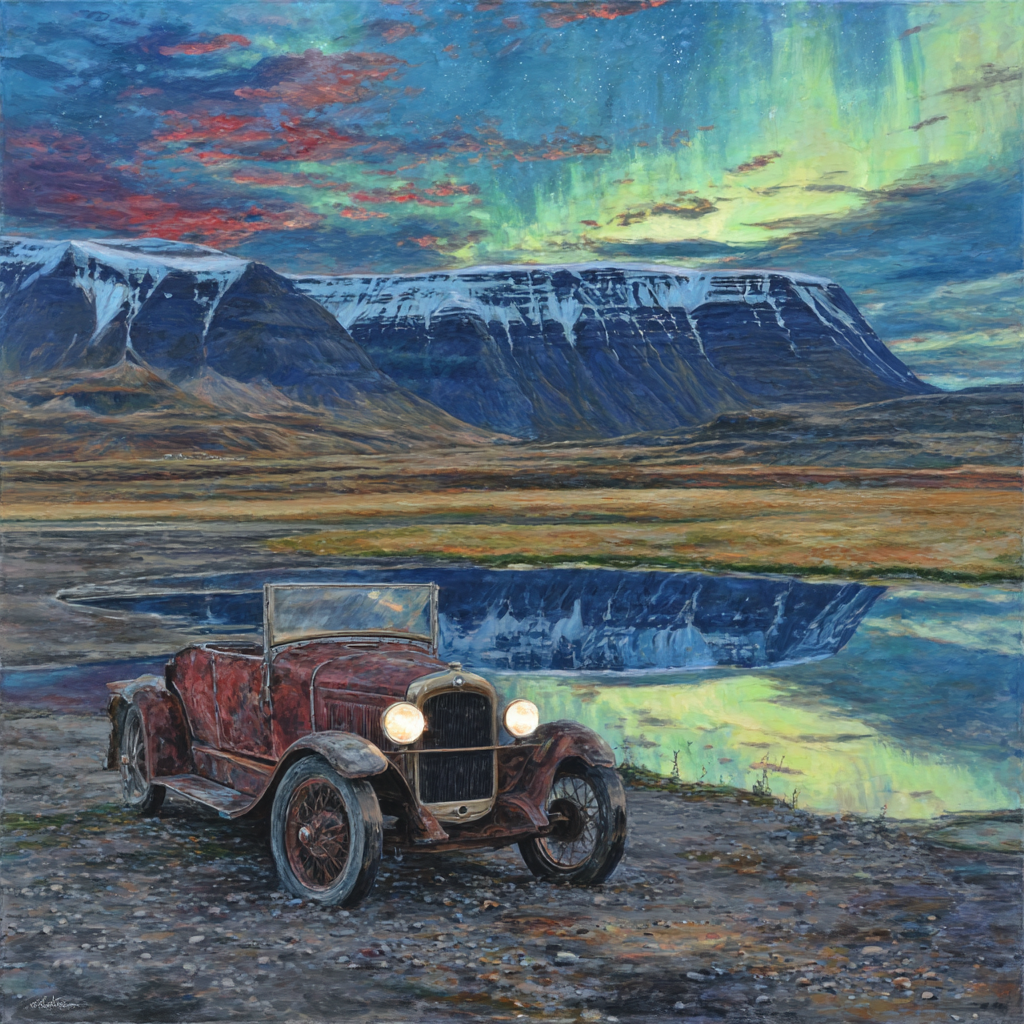 Polarlicht Vintage Auto In Natur Mit Bergen Und Seen Reflection | Fjorde und Gletscher | Landschaften