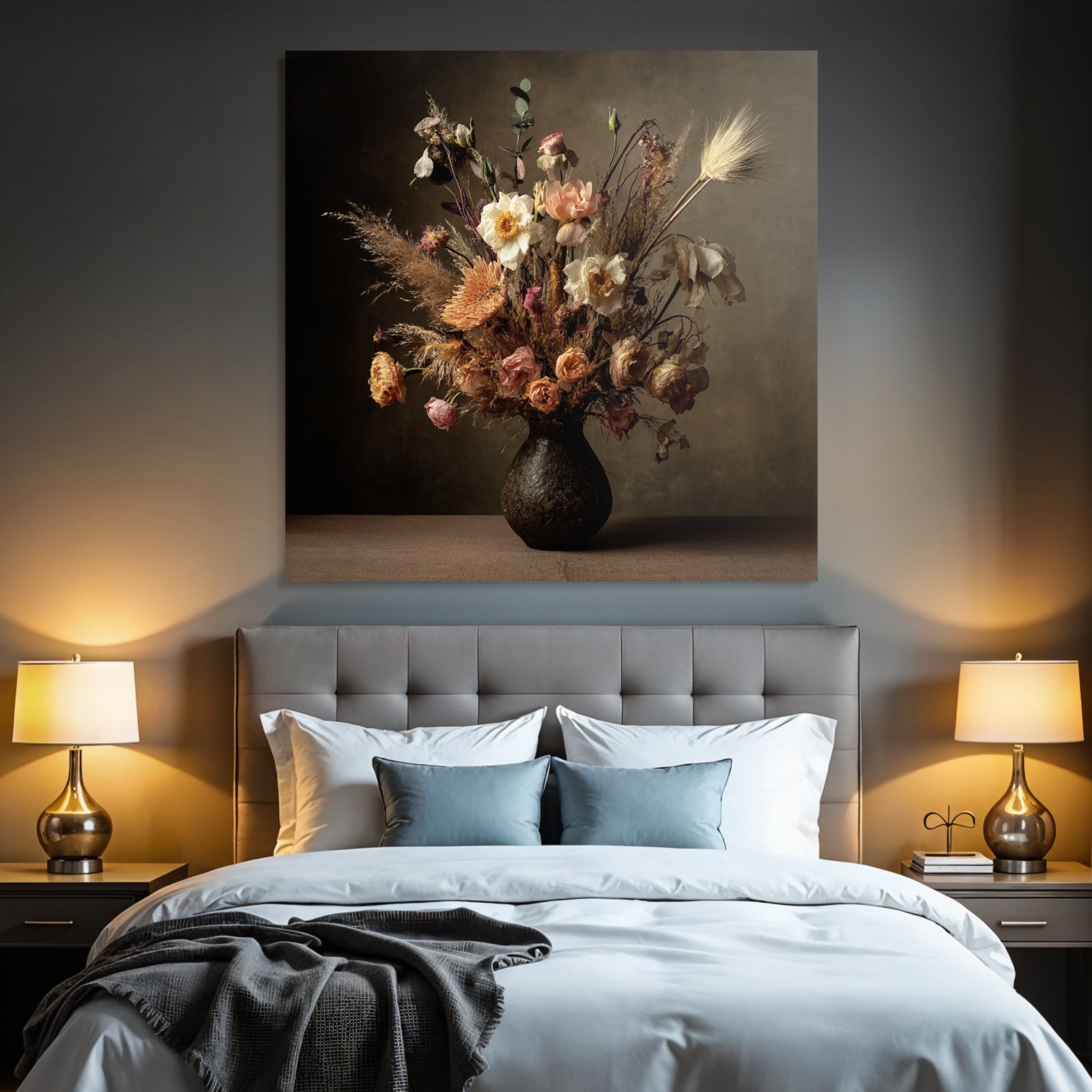 Trocken Retro Flowers Getrocknete Kranz Im Dunklen Vase Mit Warmem Hintergrund