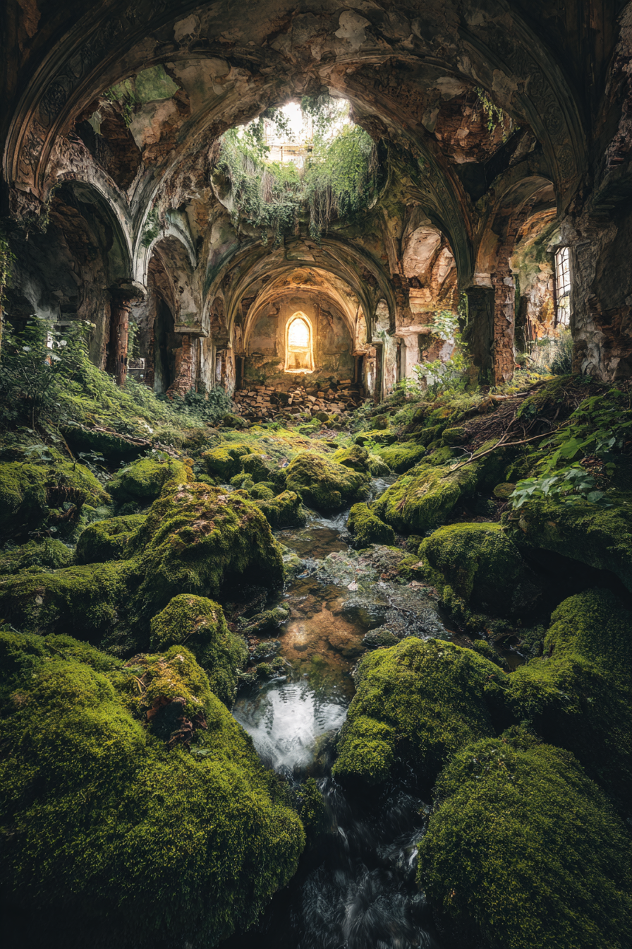 Überwucherte Verlassene Innenansicht Mit Fliessendem Wasser | Lost Places | Architektur