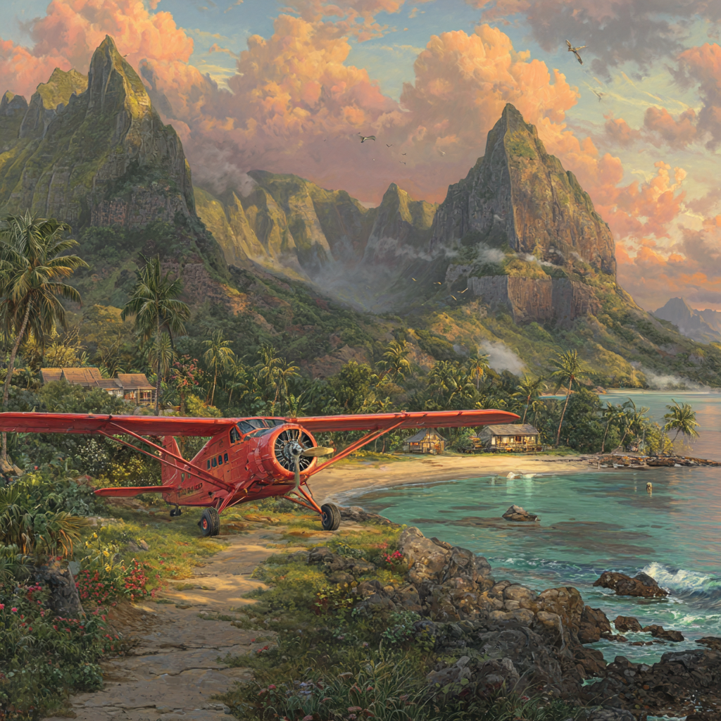 Lebensgrosse Rotes Flugzeug Und Schöne Strand Mit Bergen Unter Bunten Himmel | Flugzeuge | Mobilitaet und Technik
