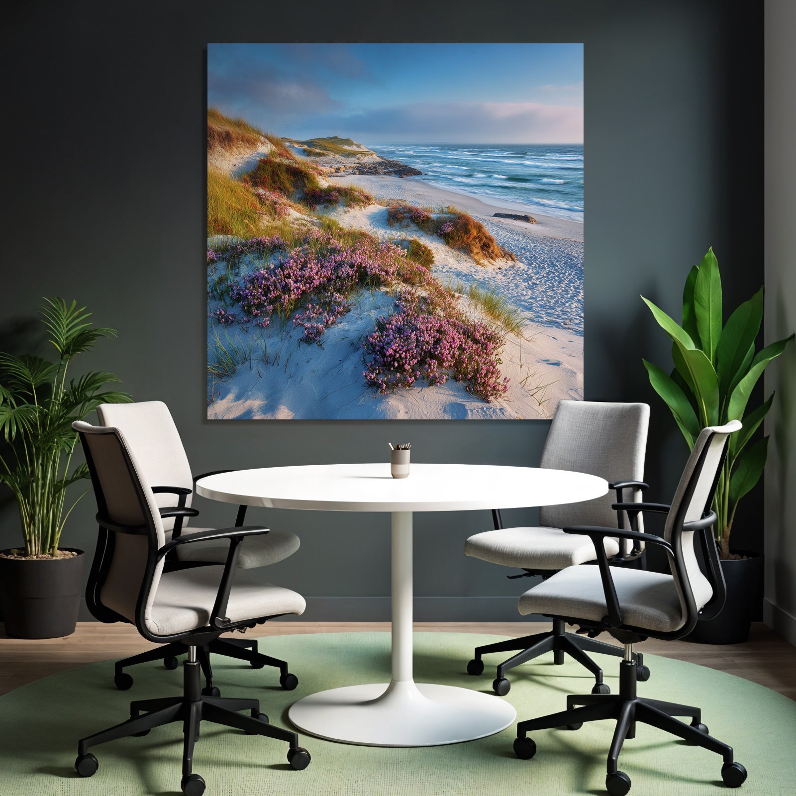Ruhiger Strand Mit Blumen Und Meereswellen Dawn Dusk | Duenen und Heide | Landschaften