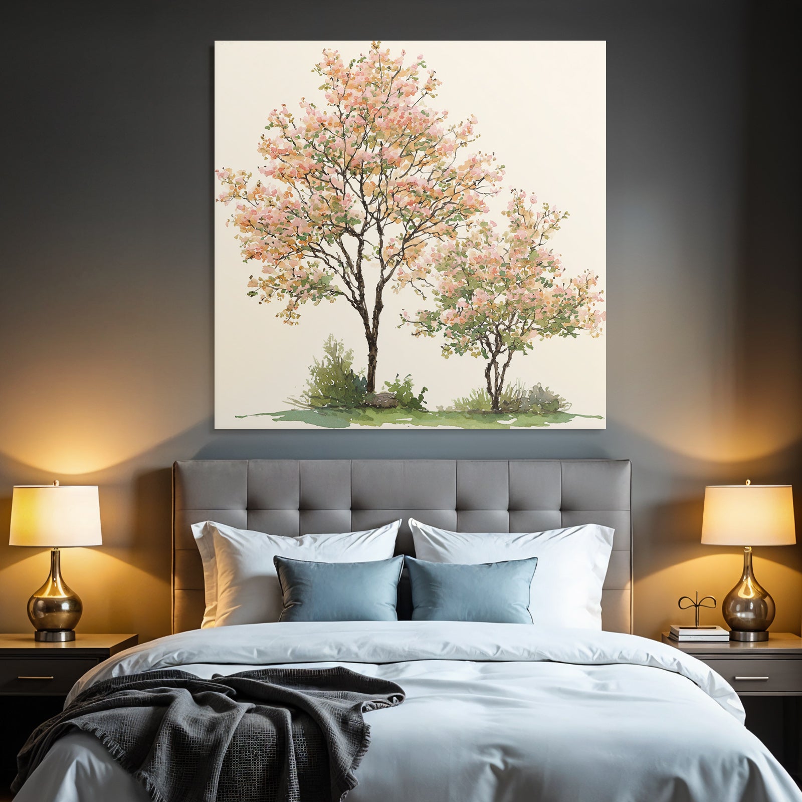 Aquarell Zwei Bäume Mit Rosafarbenen Und Orangenen Blüten
