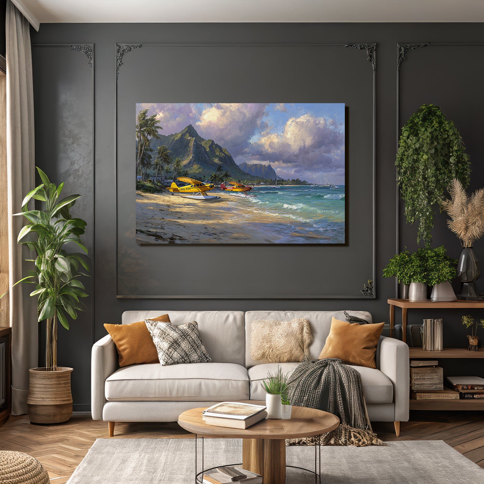 Tropische Idylle Mit Seaplanes Und Palmbaeumen Beachlandscape | Flugzeuge | Mobilitaet und Technik