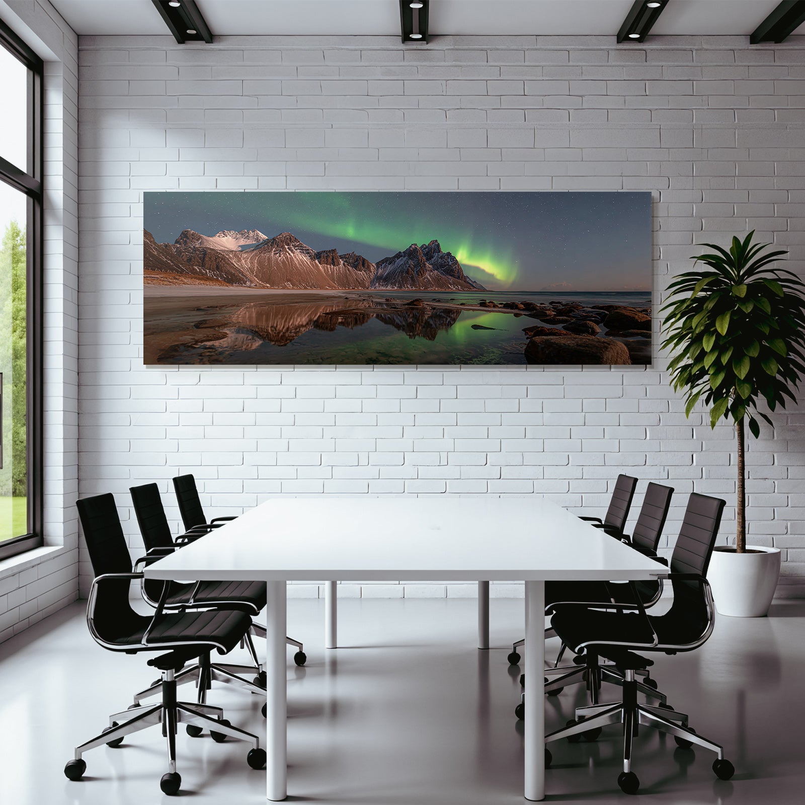 Polarlicht Schneebedeckte Berge Unter Aurora Borealis Nachtlandschaft Reflexionen | Fjorde und Gletscher | Landschaften