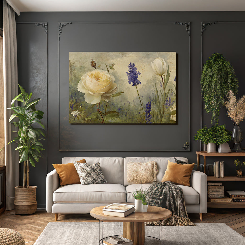Stilisierte Gemälde Mit Cremefarbener Rose Weisser Tulpe Und Lila Blüten