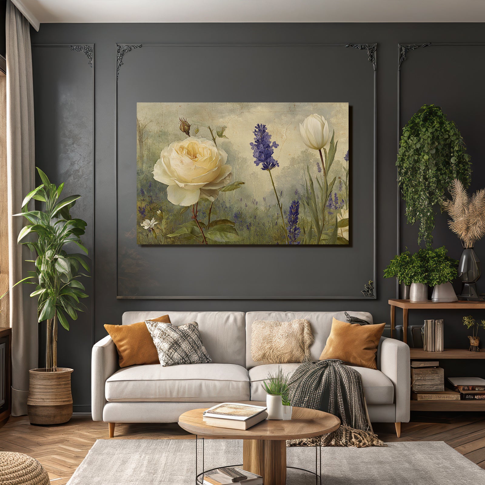 Stilisierte Gemälde Mit Cremefarbener Rose Weisser Tulpe Und Lila Blüten