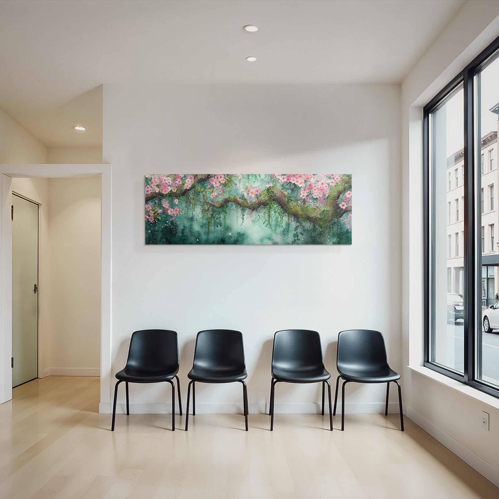 Aquarell Zweig Mit Rosa Kirschblüten Vor Grünblaüm Hintergrund