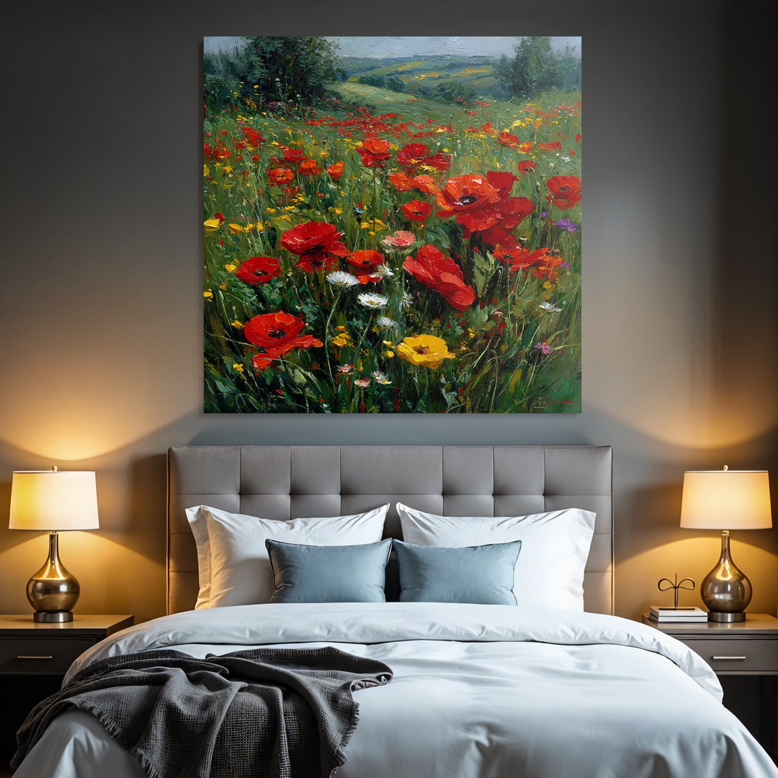 Impressionistische Wiese Mit Roten Mohn Und Bunten Wild