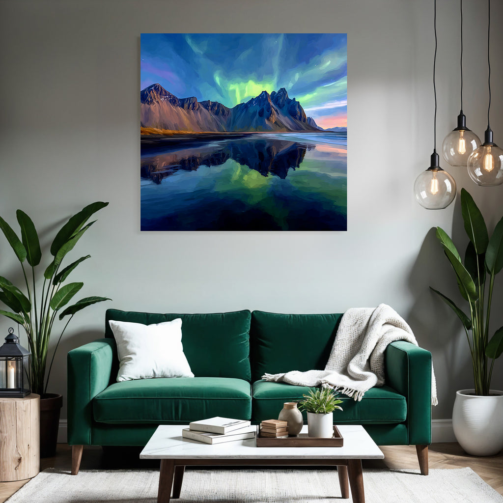 Polarlicht Szenische Landlandschaft Mit Bergen Und Nordlichtern Reflexion Im Wasser | Fjorde und Gletscher | Landschaften