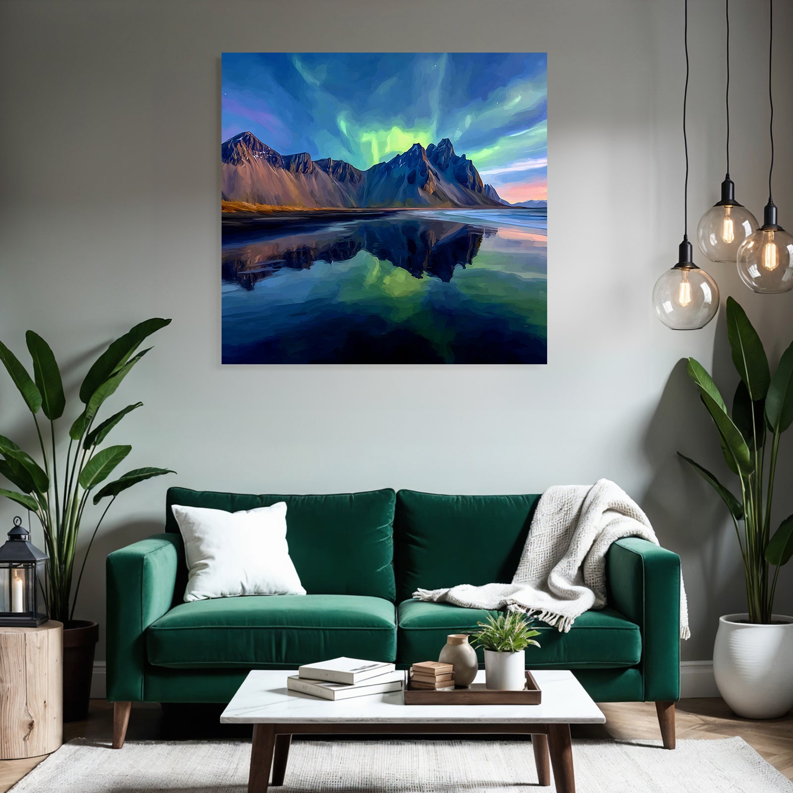 Polarlicht Szenische Landlandschaft Mit Bergen Und Nordlichtern Reflexion Im Wasser | Fjorde und Gletscher | Landschaften