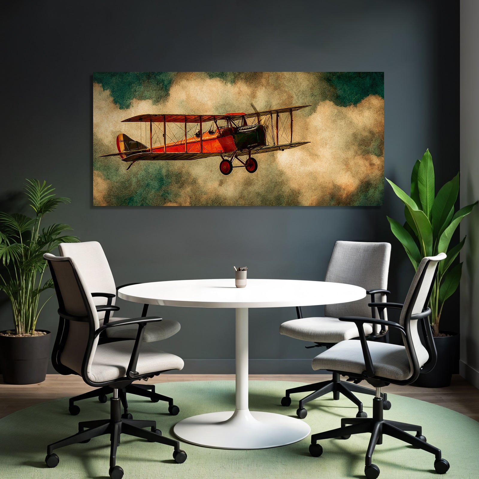 Vintage Biplane Roter Himmel Mit Nebel Kunstwerk | Flugzeuge | Mobilitaet und Technik