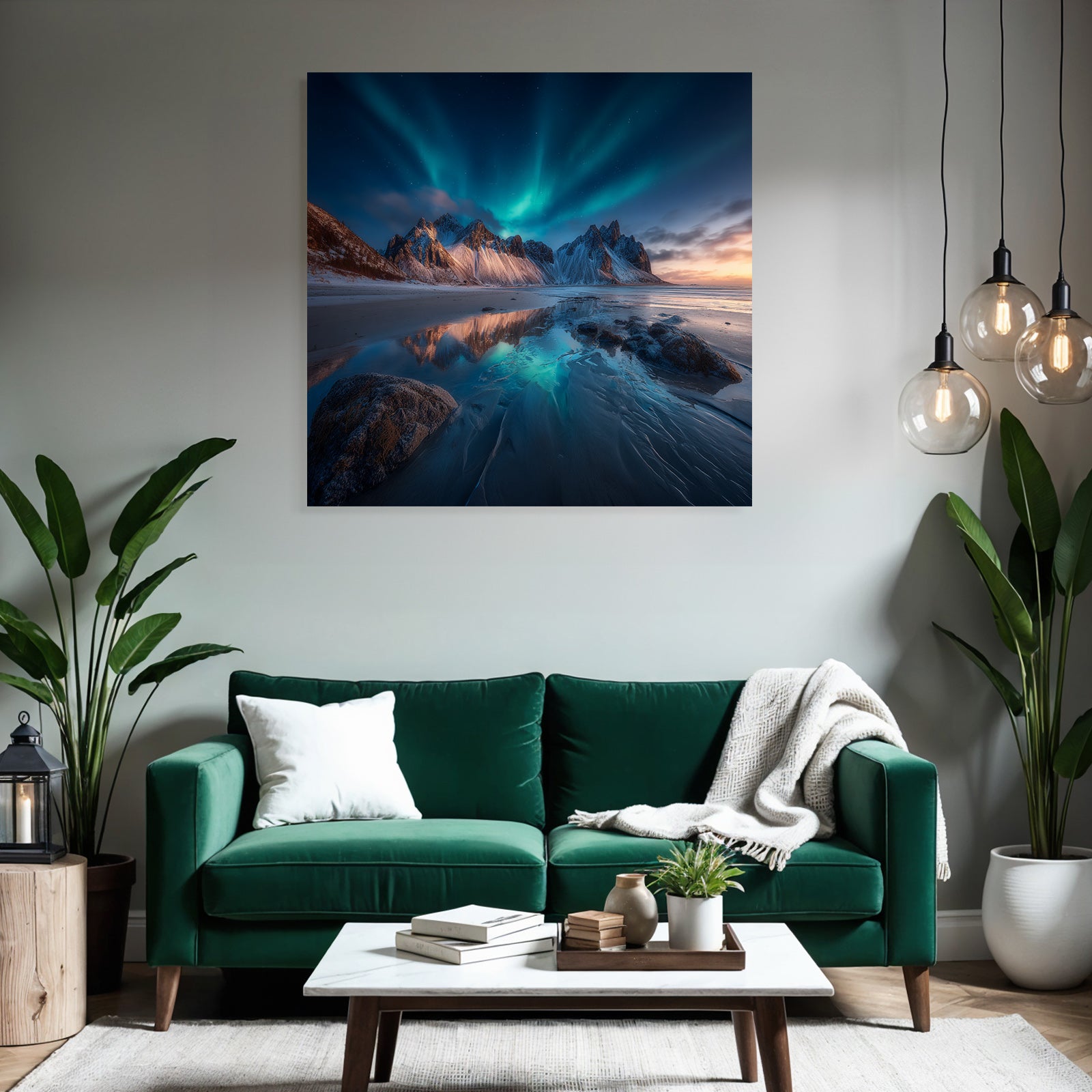 Polarlicht Nordlich Landschaft Mit Aurora Borealis Am Ufer | Fjorde und Gletscher | Landschaften