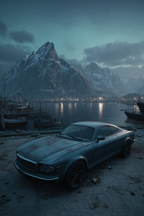 Polarlicht Vintage Auto Hafen Hintergrund Schneebedeckte Berge Sonnenuntergang | Fjorde und Gletscher | Landschaften