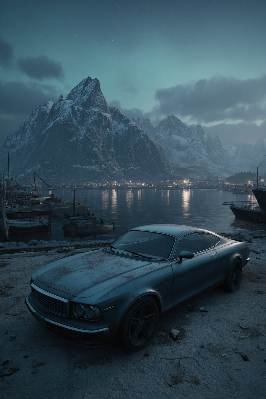 Polarlicht Vintage Auto Hafen Hintergrund Schneebedeckte Berge Sonnenuntergang | Fjorde und Gletscher | Landschaften
