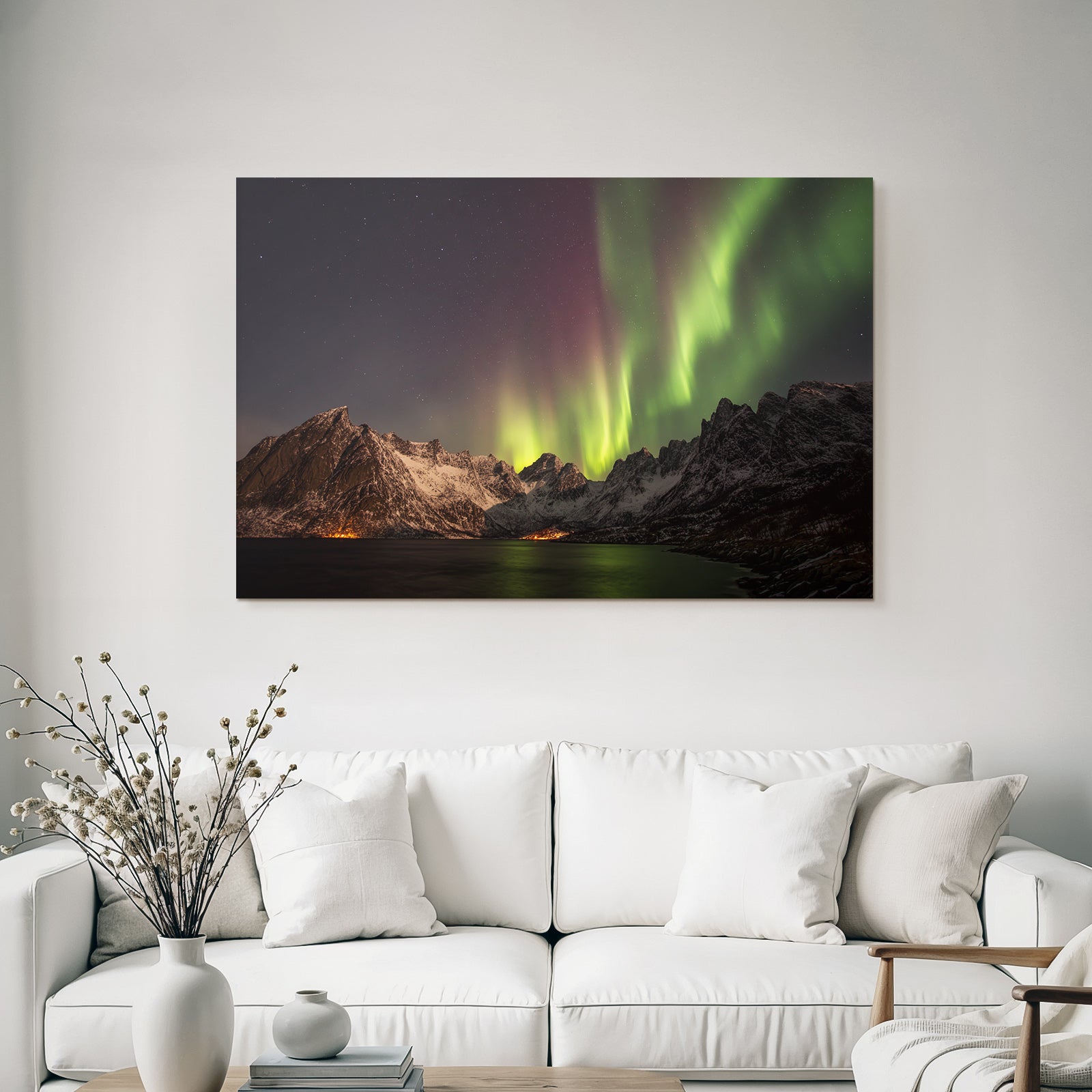 Polarlicht Aurora Borealis Schnee Bedeckte Berge Sternenhimmel | Fjorde und Gletscher | Landschaften