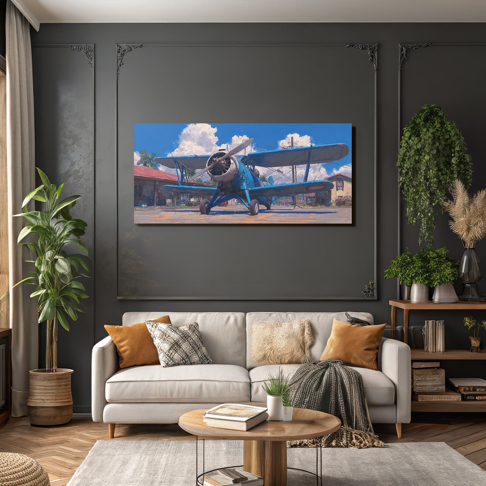 Blaür Biplan Impressionistische Malerei Mit Palmen Und Blaüm Himmel | Flugzeuge | Mobilitaet und Technik