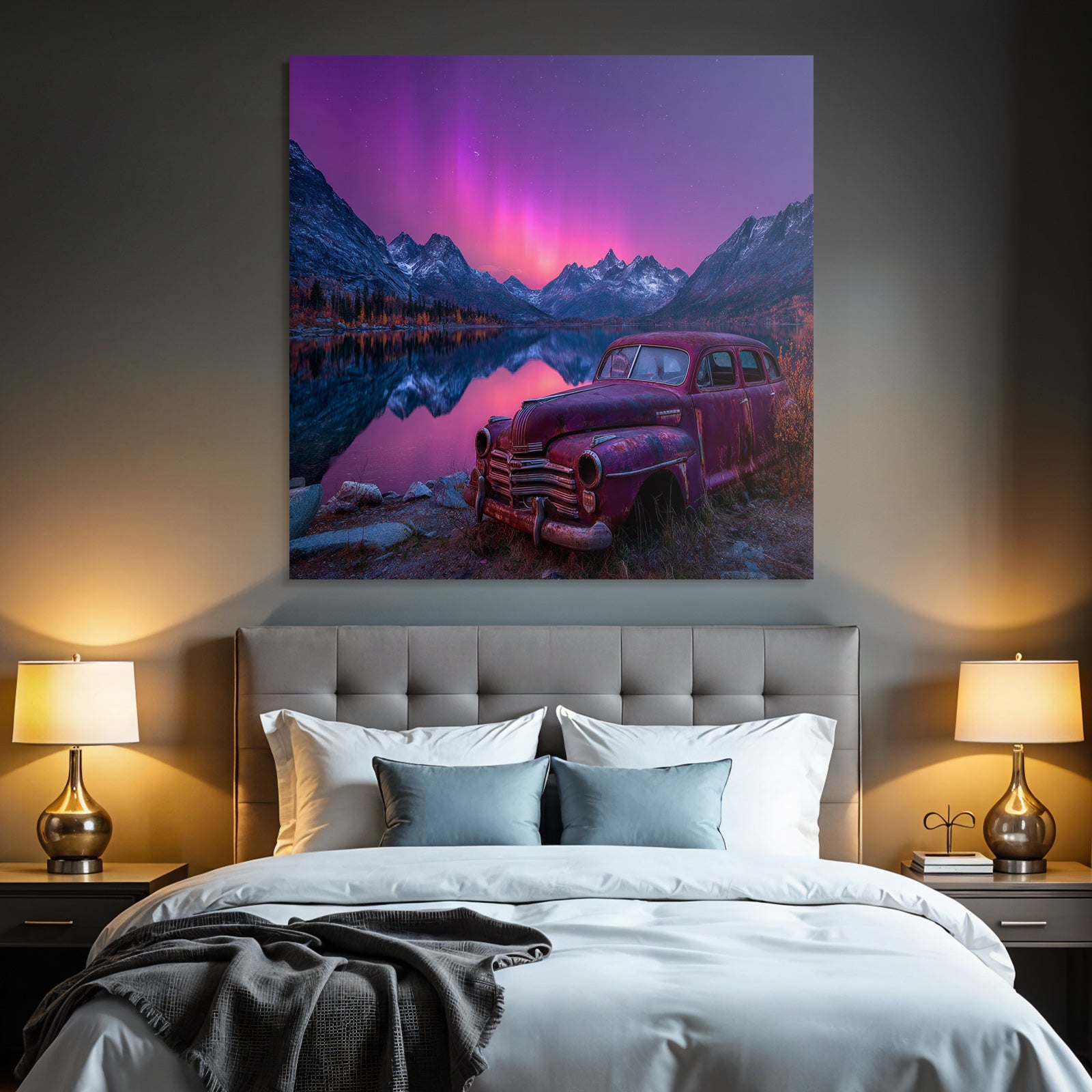 Polarlicht Schöne Natur Landschaft Mit See Und Bergen Und Altem Auto | Fjorde und Gletscher | Landschaften